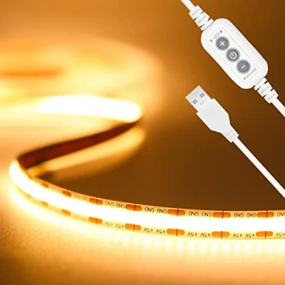 Afbeelding van PAUTIX USB COB led strips, warmwit, 5 V, 2 m, 640 leds, dimmer, 2700 K, tv achtergrondverlichting, flexibele ledstrip voor kast, slaapkamer, huisverlichting, doe het zelf