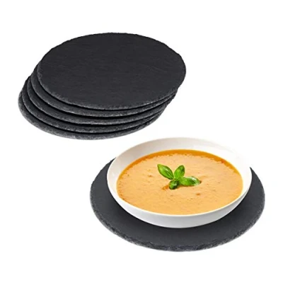 Afbeelding van Relaxdays 12x Leisteen serveerplank set pizzabord rond 25 cm onderzetters