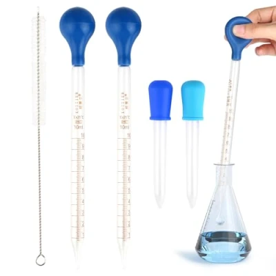 Afbeelding van 4 stuks glazen pipetten, 10 ml en 5 ml, druppelaar met reinigingsborstel, rubberen doppen, voor laboratorium, voedselonderzoek