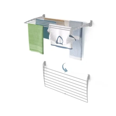 Afbeelding van foxydry Fold Droogrek voor aan de muur, uittrekbaar, verticaal, opvouwbaar, binnen en buiten, van aluminium staal, 102 x 50 cm (grijs down, 1 laags 100)