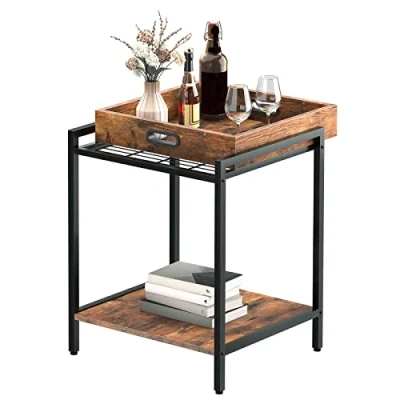Afbeelding van Bijzettafel, banktafel met uitneembaar dienblad, nachtkastje open planken, snacktafel, industriële stijl, slaapkamer, woonkamer, stabiel, eenvoudig te monteren, vintage