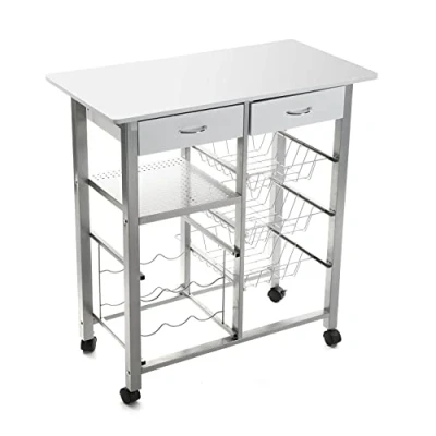 Afbeelding van Versa Leicester Keukenwagen met wielen, laden en flessenrek, groentedispenser, keukenrek, afmetingen (H x B B) 82 40 76 cm, hout metaal, wit