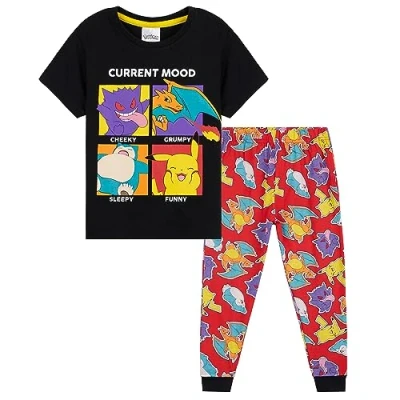 Afbeelding van Pokemon Pyjama voor kinderen, jongens, pyjamaset kleding jongeren, 4 14 jaar, Pikachu Charizard Gengar, Veelkleurig / Zwart