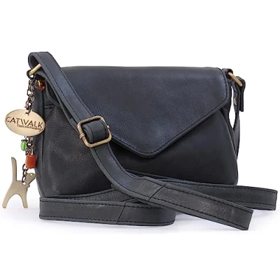 Afbeelding van Catwalk Collection Handbags Kleine schoudertas voor dames van vintage leer Handtas Crossbody tas met verstelbare schouderriem ERIN, zwart.