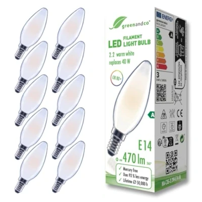 Afbeelding van greenandco 10 x matte led filamentlampen, E14 C35, 2,2 W, 470 lm, vervangt 40 2700 K, warmwit, 320 graden, 230 V, flikkervrij, energieklasse A, niet dimbaar