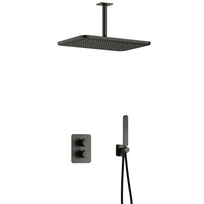 Afbeelding van Hotbath Gal Regendoucheset IBS40A Geborsteld Gunmetal PVD Staaf Handdouche 40cm Hoofddouche Plafondbuis 15cm met wandhouder