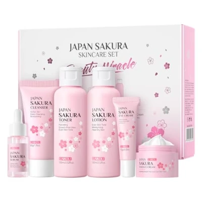Afbeelding van LAIKOU Huidverzorgingsset, 6 stuks geschenkset voor dames, gezichtsverzorging, reiniger, tonic, lotion, contour, oogserum, crème, gezichtsverzorging sakura tieners en vrouwen