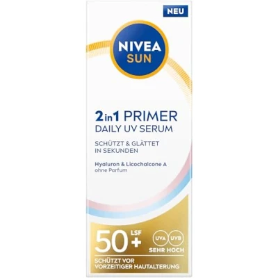 Afbeelding van NIVEA SUN Primer Daily UV Serum 2 in 1 SPF 50+, geurvrije zonnecrème voor een gladdere gezichtshuid, met hyaluronzuur en antioxidant, snel absorberende gezichtsverzorging (30 ml)