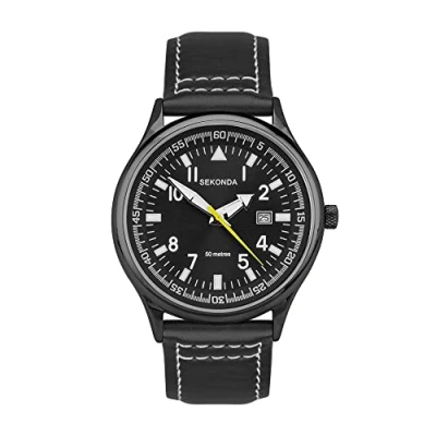 Afbeelding van Sekonda 42 mm Pilot Style Quartz Watch met analoog display datum venster en lederen band, 50 m waterbestendig, zwart, riem, zwart., Riem