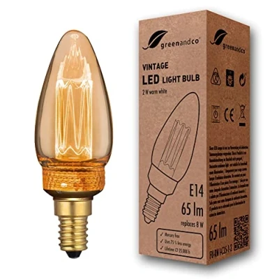 Afbeelding van Greenandco® Ledlamp, decoratief, vintage, retro, industrieel, antiek, Edison, E14, C35, 2 W, 65 lm, 1800 K, zeer warm wit, 320 graden, 230 V, geen flikkeren, niet dimbaar