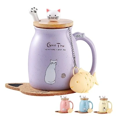 Afbeelding van Kat Mok Leuke Keramische Koffiekop met Mooie Kitty Deksel Roestvrij Stalen Lepel, Nieuwigheid Ochtendkopje Theemelk Kerst Gift 380ML (paars)