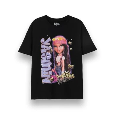 Afbeelding van Bratz Dames T shirt Y2K Bling grafisch met korte mouwen Klassiek popchroom relaxed fit kledingtopje Nostalgische popkarakter merchandise cadeau, Yasmin Zwart