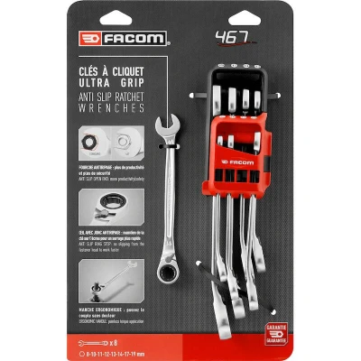 Afbeelding van FACOM 467B.JP8PB anti slip ringsteeksleutelset met ratel en klemveer 8 19 mm in houder delig