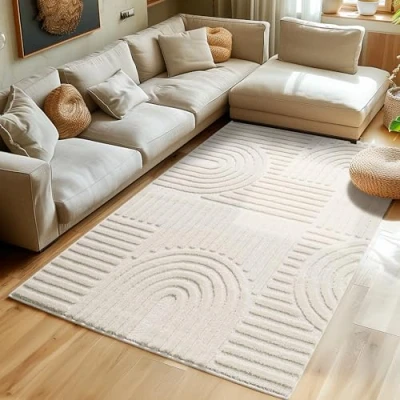 Afbeelding van Hoogpolig tapijt voor woonkamer, keukentapijt, in Scandinavische en boho stijl met 3D design, zacht pluizig. Afmetingen: 120 x 170 cm; kleur: crème.