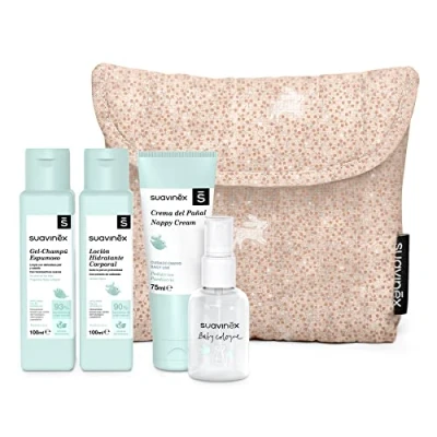 Afbeelding van Suavinex Beauty Reiskoffer van stof cadeau idee voor pasgeborenen met 4 producten babycologne, vochtinbrengende lotion, luierwisselcrème en shampoo roze