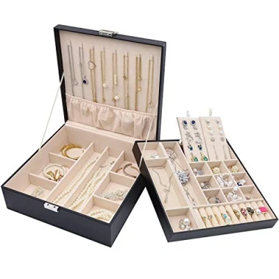 Afbeelding van ProCase Sieradendoos Organizer voor Ketting Oorbellen Armbanden Ringen Accessoires, Grote PU lederen Sieraden Opbergkoffer met Dubbele Stapelbare Laag Meisjes Dames Zwart
