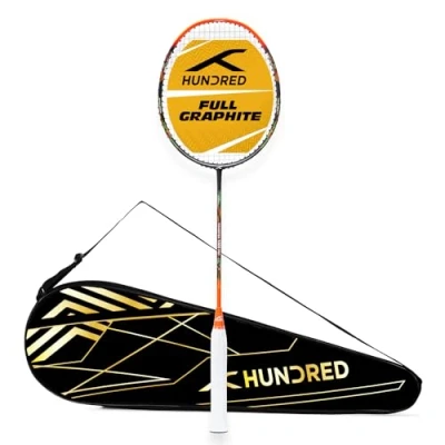 Afbeelding van Hundred Powertek 1000 PRO grafietbespannen badmintonracket met volledige rackethoes (zwart/oranje) Voor gemiddelde spelers 95 gram Maximale snaarspanning 26 lbs