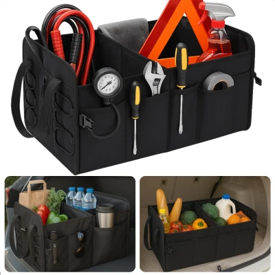 Afbeelding van Cheqo Kofferbak Organizer Auto Opvouwbare Opbergtas met Meerdere Compartimenten Zwarte Opbergbox Anti Slip Ontwerp Klittenba