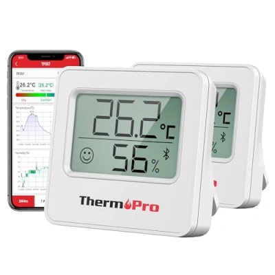 Afbeelding van ThermoPro TP357 Bluetooth thermometers, hygrometer en temperatuurmonitor met intelligente app gegevensregistratie vochtsensor voor babykamer of kantoor, 2 stuks