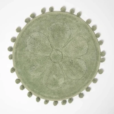 Afbeelding van Homescapes ronde badmat bloem, 60 cm saliegroen met pompons