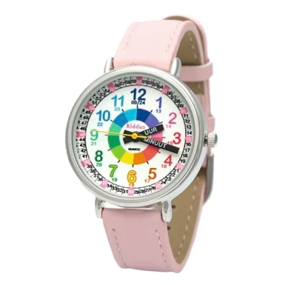 Afbeelding van KIDDUS Horloge voor kinderen van 5 10 jaar. Educatief polshorloge, tijdleraar, analoog met oefeningen om de tijd te leren lezen., Geschreven grepen. PU leer roze, Nederlands