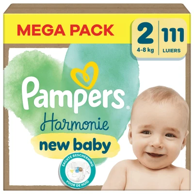 Afbeelding van Pampers Harmonie Couches Taille 2, 111 Couches, 4kg 8kg, Une protection douce pour la peau et ingrédients d’origine végétale en contact avec de bébé