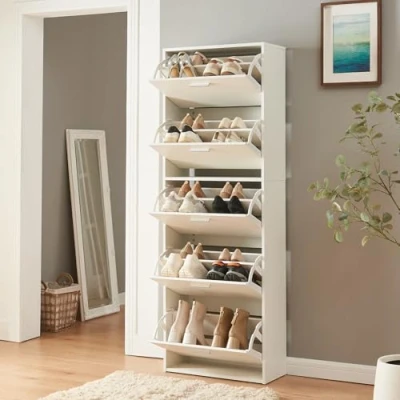 Afbeelding van Schoenenkast Sykkylven 5 kleppen wit 169x60x24 cm [en.casa]