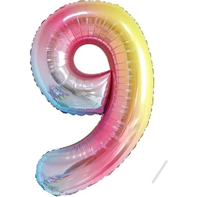 Afbeelding van ballon verjaardag 9 jaar regenboog 101 cm cijfer decoratie voor 9e feestdecoratie vliegt dankzij helium