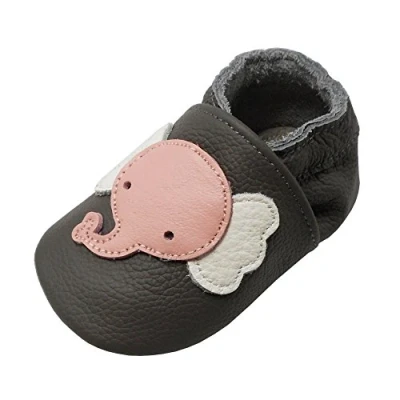 Afbeelding van YALION Pantoffels van zacht leer, voor baby&#039;s, meisjes en jongens, antislip, eerste stapjes kinderen, Donkergrijze olifant