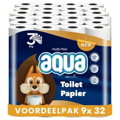 Afbeelding van AQUA Tripple Soft 9x32 Rollen WC Papier 288 3 Laags Toiletpapier, Extra Zacht &amp; Pluisvrij, comfort Voordeelverpakking