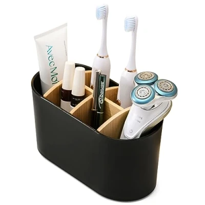 Afbeelding van tandenborstelhouder met scheidingswanden van bamboe voor badkamer, antislip onderkant, tandenborstelorganizer 4 tandenborstelvakken + 2
