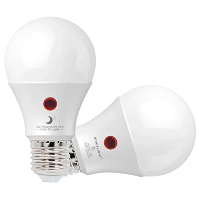 Afbeelding van SINCELIGHT Ledlamp met dubbele schemeringssensor, schakelt automatisch aan en uit afhankelijk van het daglicht, voor buiten, 9 W, E27 Edison, neutraal wit, 4000 K, 2 stuks