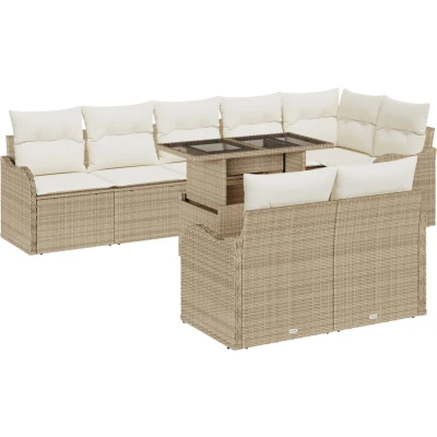 Afbeelding van vidaXL 9 delige Tuin Sofa Set met Kussens Beige Poly Riet, 2 Zits Riet