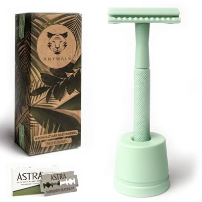 Afbeelding van ANYMALE® Mint Edition plasticvrij veiligheidsscheerapparaat, met standaard en 5 ASTRA mesjes, nat scheerapparaat voor dames heren