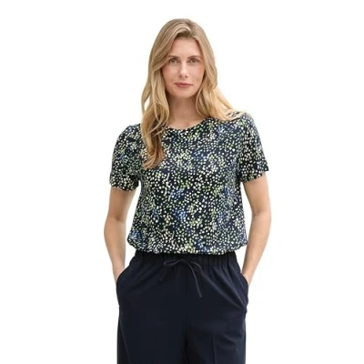Image de TOM TAILOR T shirt basique pour femme en coton biologique, 37369 Structure multicolore à pois bleu marine, XS