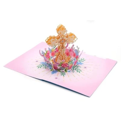 Afbeelding van Handgemaakte 3D pop up kaart hulstkruis voor zegen, gebed, opstanding, doop, religieus, geloof, receptie, cadeau vrienden en familie
