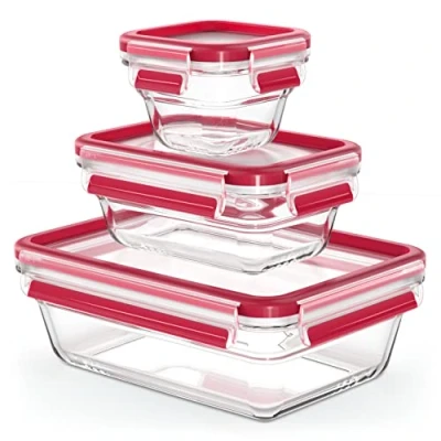 Afbeelding van Emsa N10508 Clip &amp; Close Glazen vershouddozen, 3 delig, 0,18/0,45/1,3 l, stapelbaar, vriesbestendig, ovenvast, magnetronbestendig, 100% dicht, vaatwasmachinebestendig, transparant/rood
