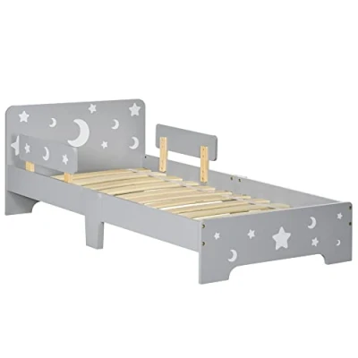 Afbeelding van ZONEKIZ Kinderbed, vloerbed voor kinderen, 3 tot 6 jaar, 143 x 76 cm, design sterren en maan, lattenbodem inbegrepen, kinderkamer, grijs