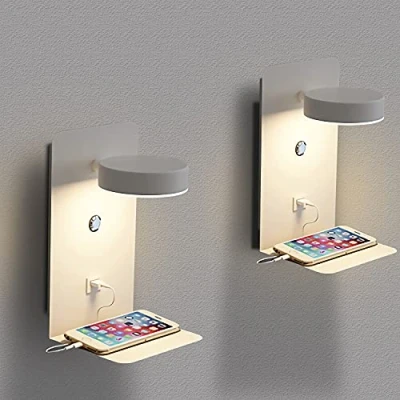 Afbeelding van 2 stuks wandlamp voor binnen, led, met USB poort, 12 W, driekleurig, dimbaar, moderne schakelaar, leeslamp, 330 graden draaibaar, bedlampje, nachtlampje, wit