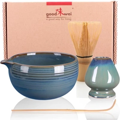 Afbeelding van Goodwei Ensemble Thé matcha Bol à artisanal Chawan avec bec verseur, cuillère e fouet support en céramique au design assorti Coffret cadeau (Menouseki)