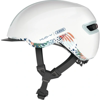 Afbeelding van ABUS Urban Helm HUD Y met magnetisch oplaadbaar led achterlicht en magneetsluiting coole fietshelm voor dagelijks gebruik dames heren glanzend wit, maat M