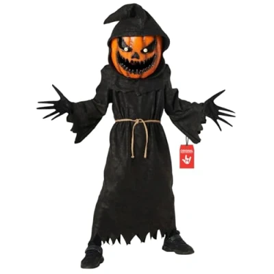 Afbeelding van Morph kostuum pompoen, Magere Hein, vogelverschrikker, griezelig, kinderen, Halloween voor maat S