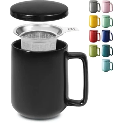 Afbeelding van Theemok met zeef en deksel, 500 ml, groot, keramiek, blijft lang warm, zwart