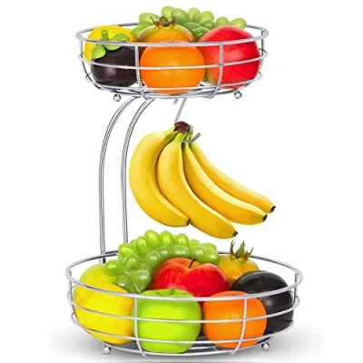 Afbeelding van 2 verdiepingen fruitmand met bananenhouder, staande dagelijkse keuken, moderne fruitschaal, praktische groentemand van metaal, zilver