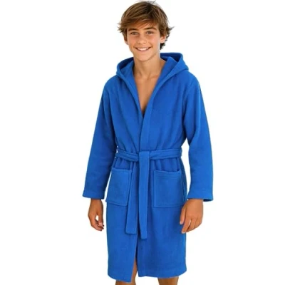 Afbeelding van Morgenstern Badjas voor kinderen, jongeren, meisjes en jongens, 100% katoen, badstof met capuchon, Med Blauw