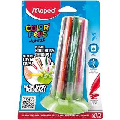 Afbeelding van Maped Jungle Innovation viltstiften 12 wasbaar en droogbestendig Medium geblokkeerde punt Compact pop up opbergsysteem Het einde van de verloren verstoppingen!
