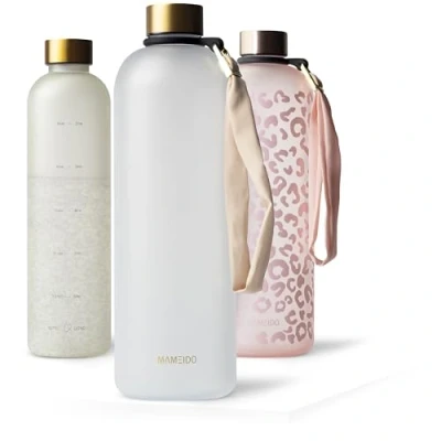 Afbeelding van MAMEIDO Drinkfles, 1,5 l en1 l, ijswit goud waterfles, design, kunststof met motivatie tijdmarkering, BPA vrij, waterdichte sportfles voor gymnastiek