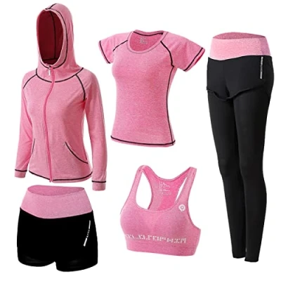 Afbeelding van ZETIY Set van 5 yoga trainingspakken voor dames, trainingspak, joggen, fitnessstudio, fitness, loopkleding, sportkleding, yogakleding, beha, leggings, Roze