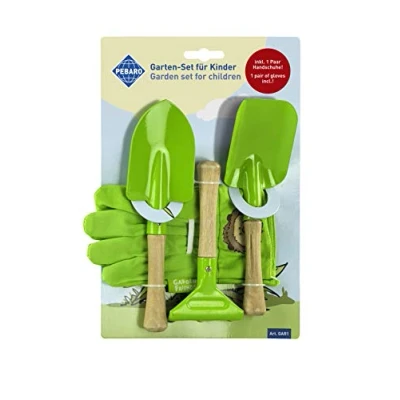 Afbeelding van GAR1 Tuinset voor kinderen, 2 schepjes, 1 hark, paar handschoenen, werkhandschoenen groen, tuinieren, tuingereedschap, junior tuiniers, cadeau idee kinderen