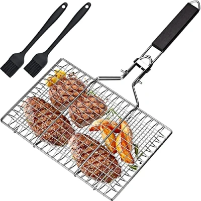 Afbeelding van grillmand voor vis, van roestvrij staal, opvouwbaar, draagbaar, roestvrije accessoires, vis en groenten, met Oxford tas 2 borstels